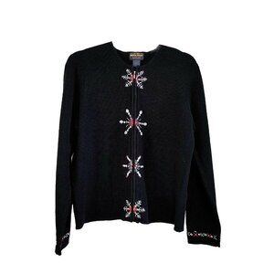 Woolrich Full Zip Sweater Vintage Snowflakes Christmas Large Black Grannycore